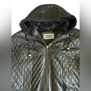 Vintage Quilted Genuine Leather Hooded Jacket Black Zip Front 90s